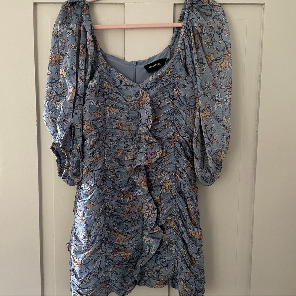 Mink Pink Blue Floral Dahlia Ruched Dress - Picture 10 of 16
